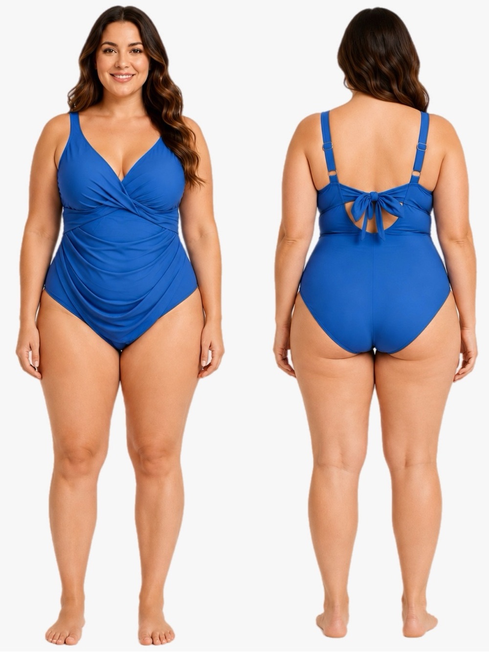 NEW Eomenie Blue One Piece Swimsuit Ruched Tummy Control Tie Back Size Large